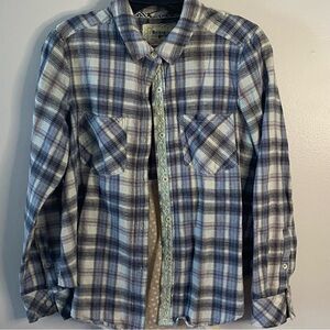 Holding Horses Anthropologie Shirt Small Blue Plaid Button Up Flannel Sheer Hem